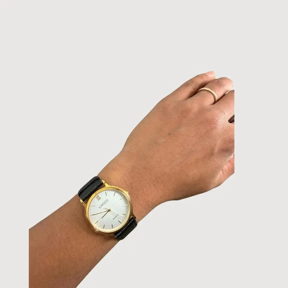 Lanco Swiss Quartz Watch Black Leather Strap Classic Minimalist Timepiece